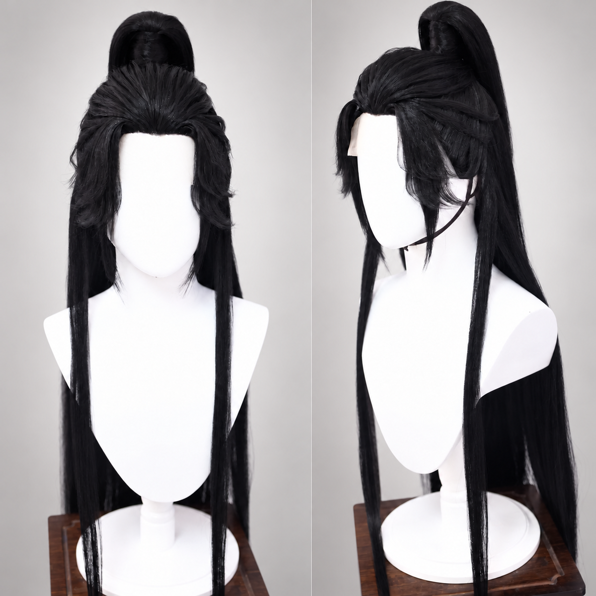 Warrior cosplay wig in center part style, front and side views