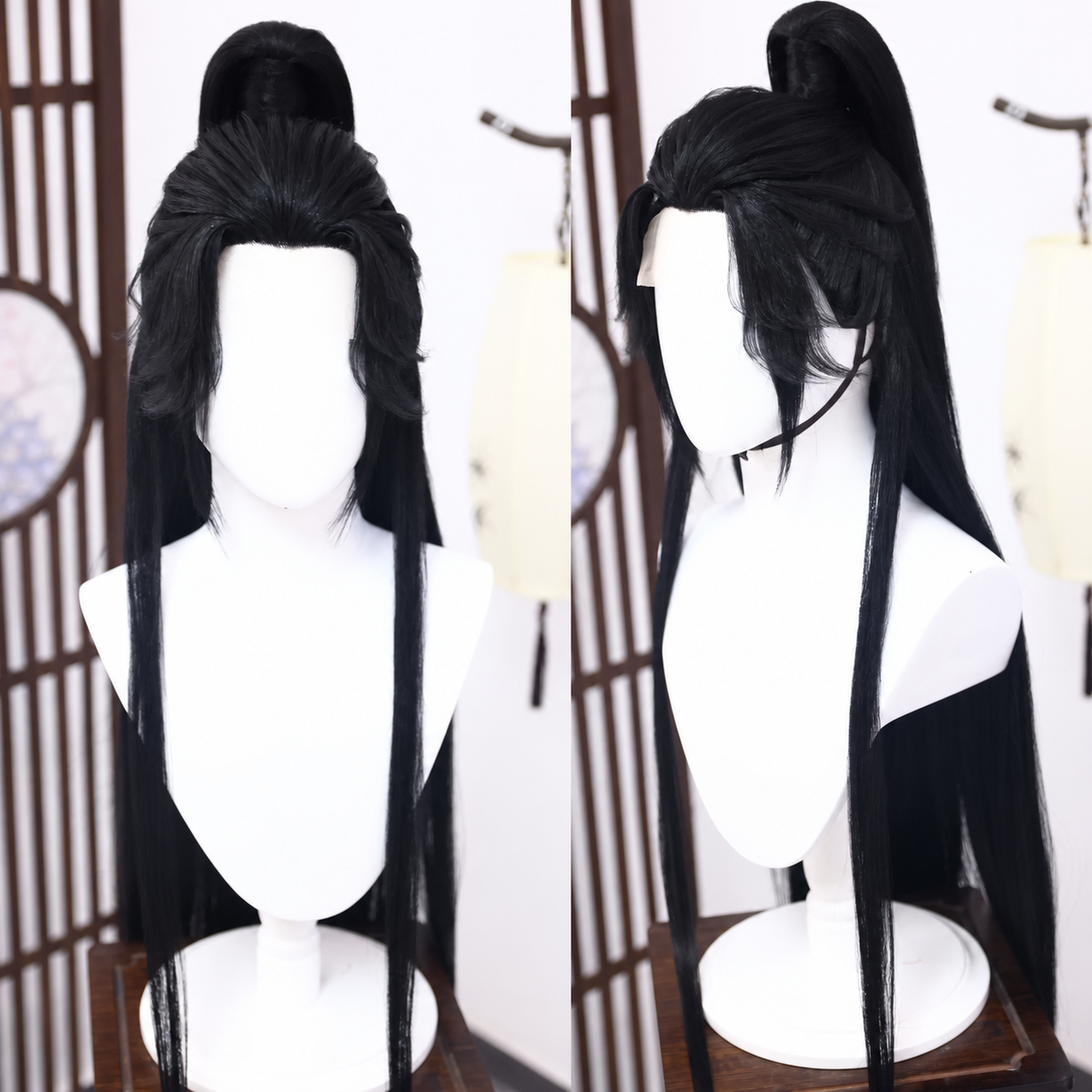 Warrior cosplay wig in center part style, front and side views