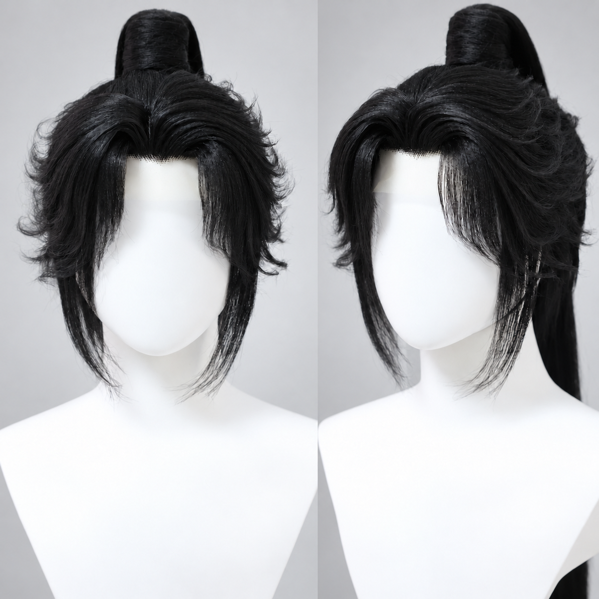 Warrior cosplay wig in full updo style, front and side views