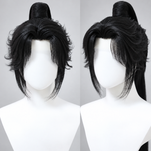 Warrior cosplay wig in full updo style, front and side views
