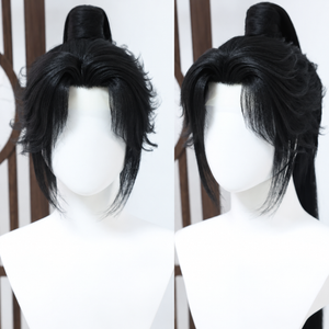 Warrior cosplay wig in full updo style, front and side views