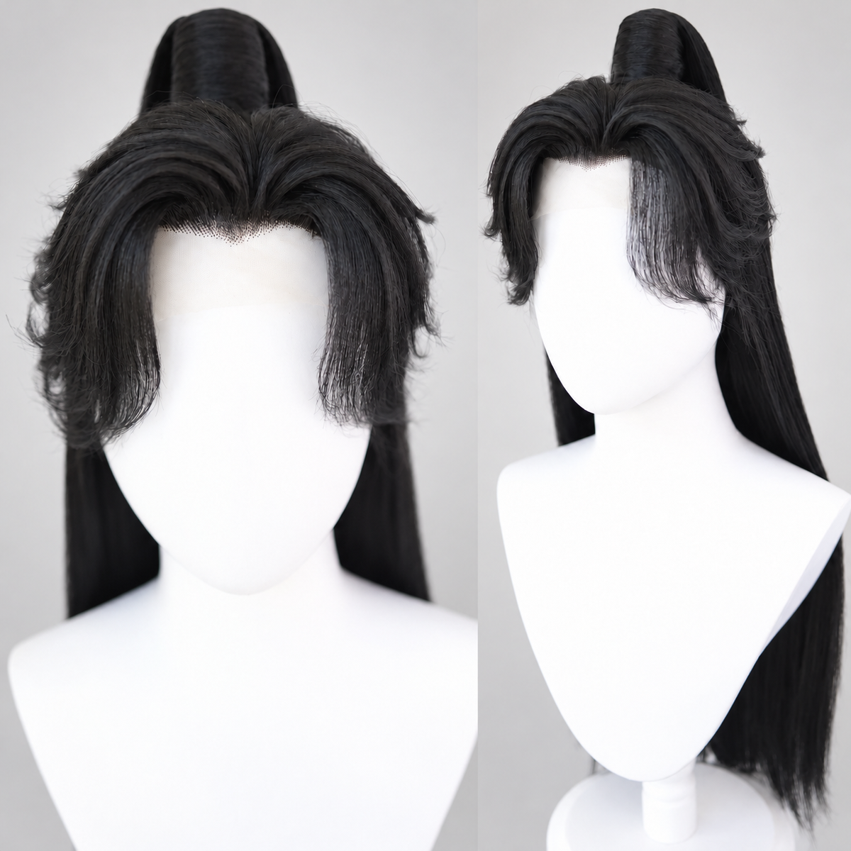 Warrior cosplay wig in li lianhua fringe style, front and side views