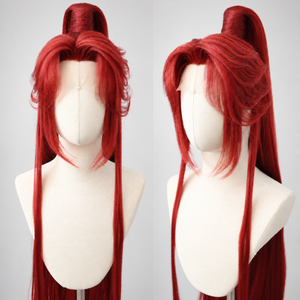 Warrior cosplay wig in red half up style, front and side views