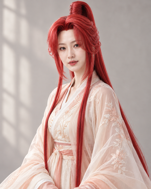 AI-generated styling preview of the warrior red wig worn by a model with flowing Hanfu.