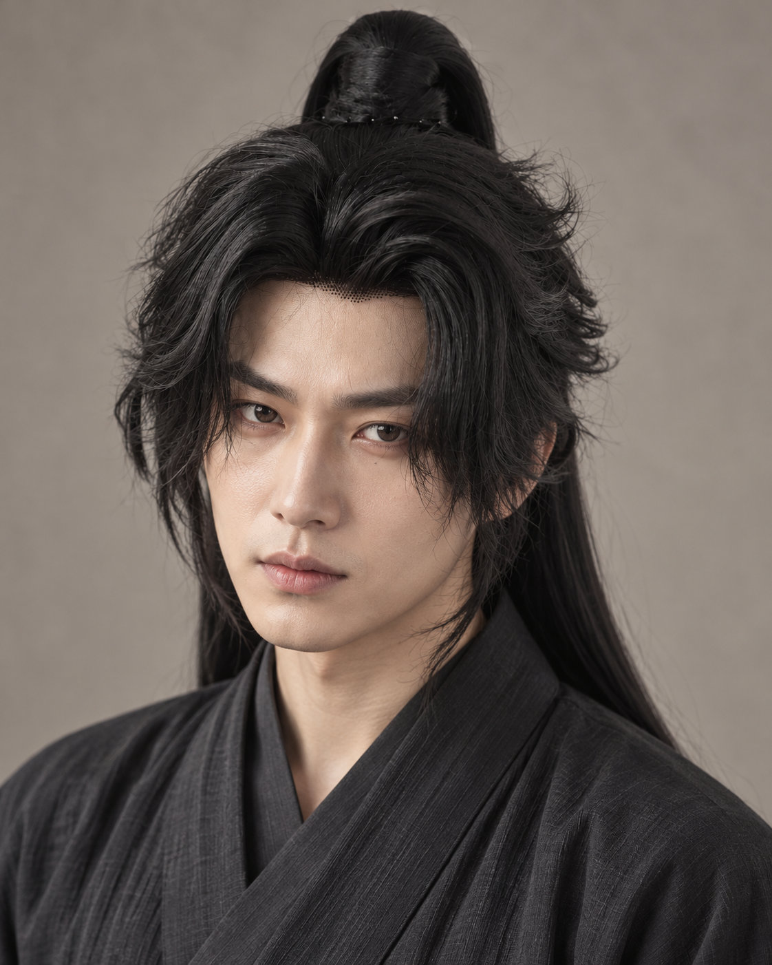AI-generated styling preview of the warrior wig worn by a model, studio portrait.
