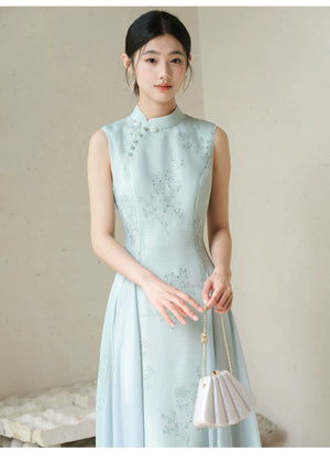 Front styling view of the Water-Blue jacquard A-line qipao dress, with jacquard texture, Chinese collar and graceful A-line cheongsam silhouette.