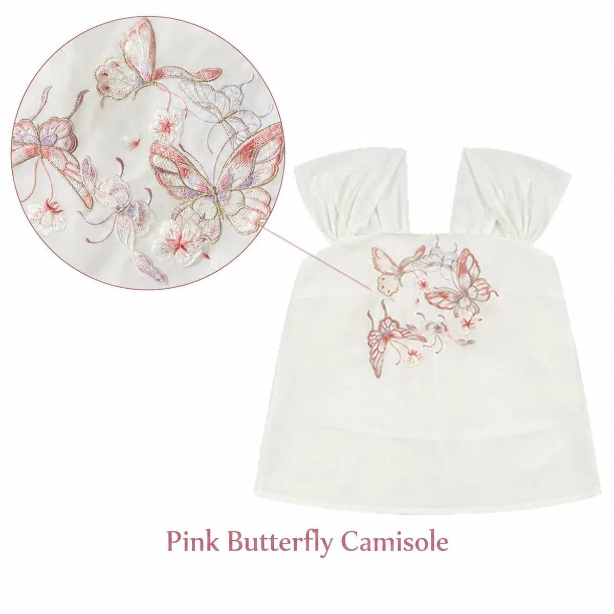 White camisole with pink butterfly embroidery laid flat beside a detail view of the stitching