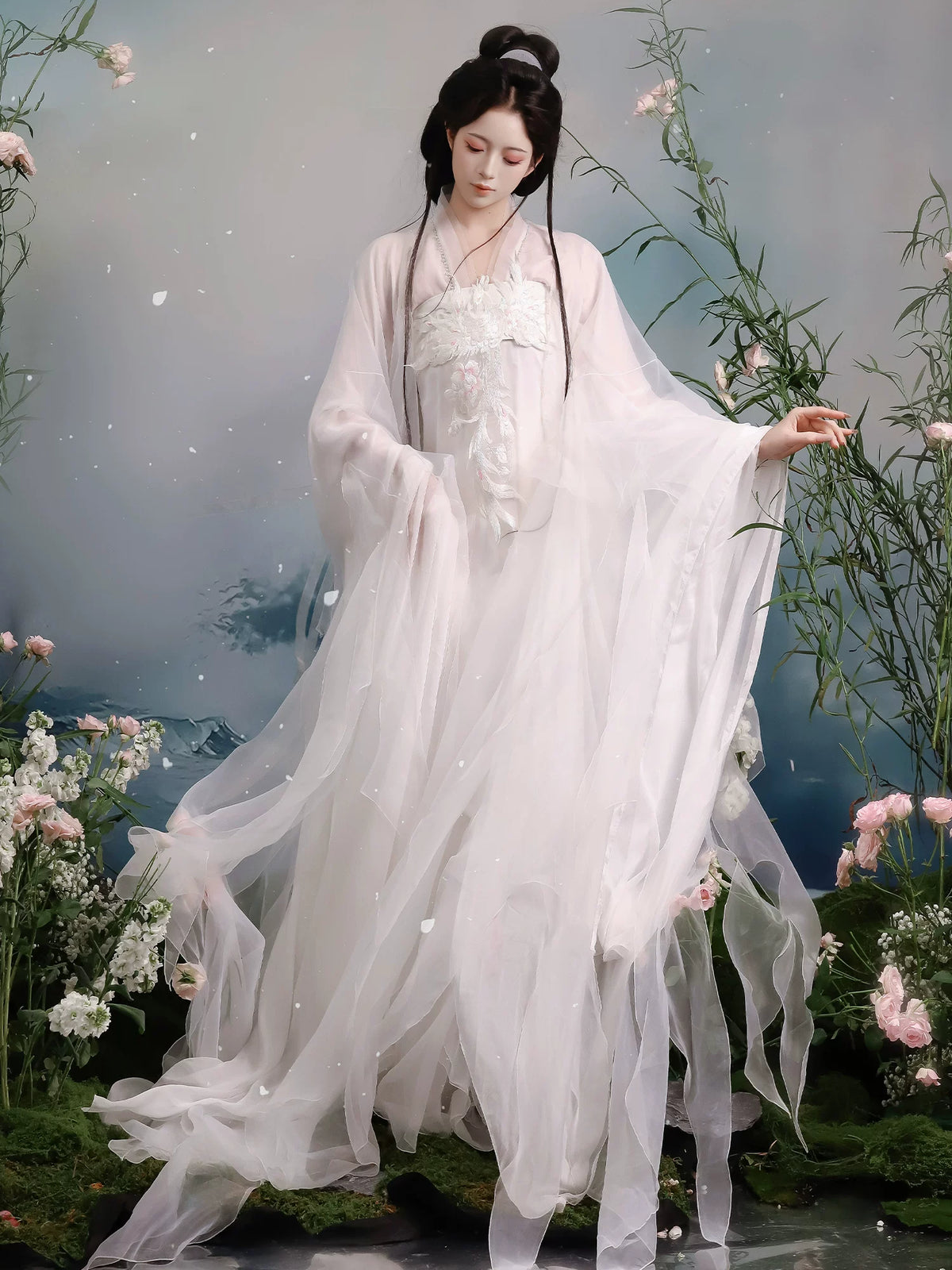 White chest-high Hanfu skirt with a sheer outer robe