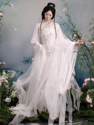 White chest-high Hanfu skirt with a sheer outer robe
