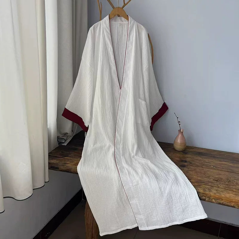 White cotton gauze robe with red trim square product image