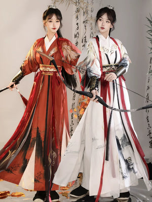 White and dark red Nanke wuxia Hanfu costumes shown together with waist sashes and wrist guards