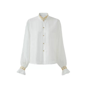 White Hanfu stand-collar blouse displayed alone with long sleeves and gathered flared cuffs