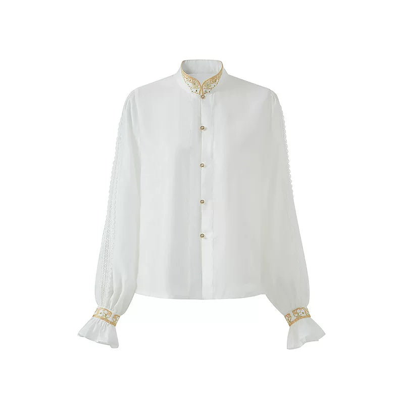 White Hanfu stand-collar blouse displayed alone with long sleeves and gathered flared cuffs