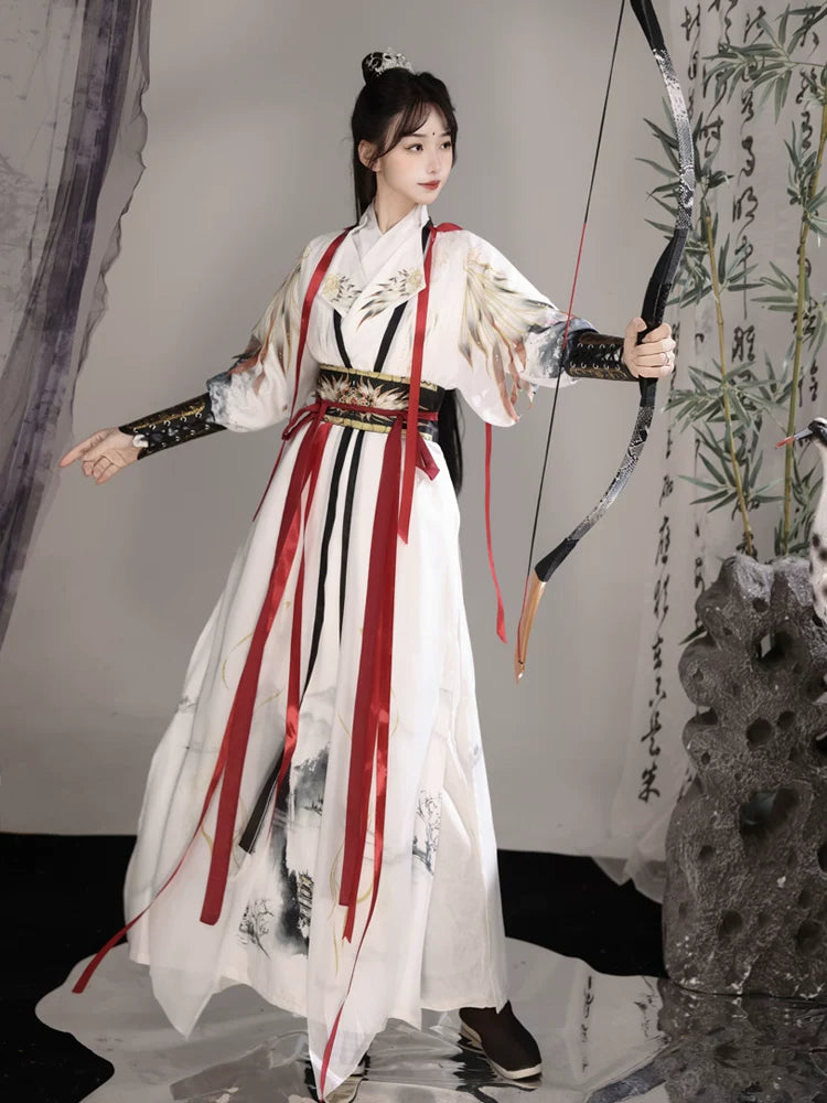 White Nanke wuxia Hanfu costume with black and red trim, shown holding a bow