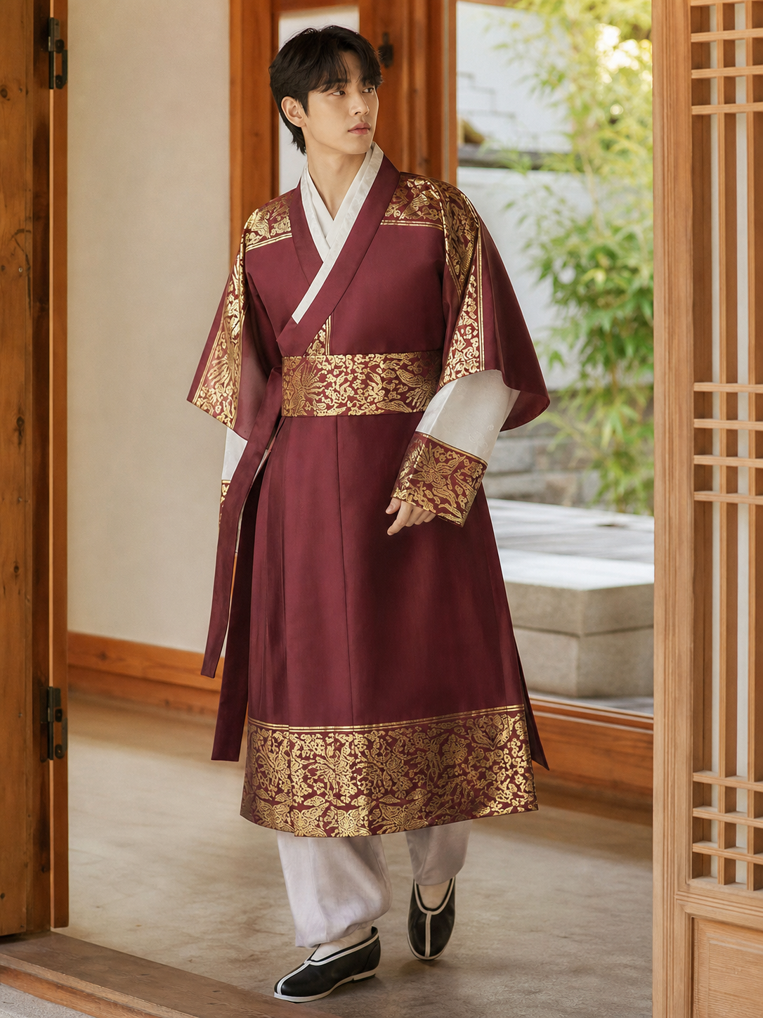 Wine red gold men's Korean hanbok robe set wooden doorway lifestyle photo