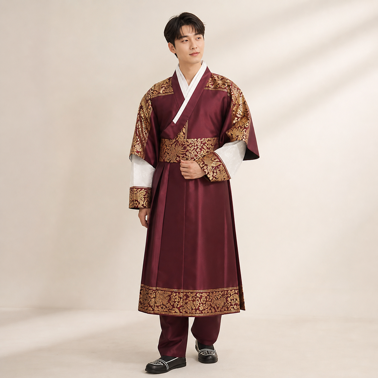Wine red gold men's Korean hanbok robe set full outfit product photo
