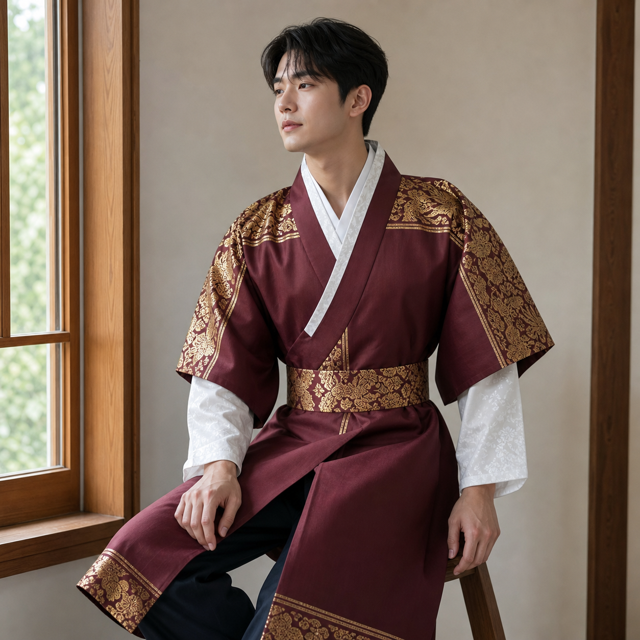 Wine red gold men's Korean hanbok robe set seated window lifestyle photo