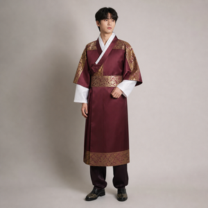 Wine red gold men's Korean hanbok robe set studio full outfit photo