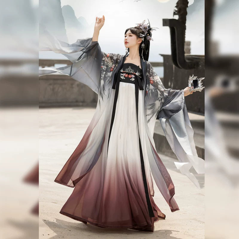 Women's Xuanniao Hanfu outfit with a white-to-burgundy skirt, dark bodice and gray flowing sleeves
