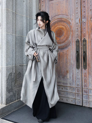 Gray wrap-collar coat, full-length front view