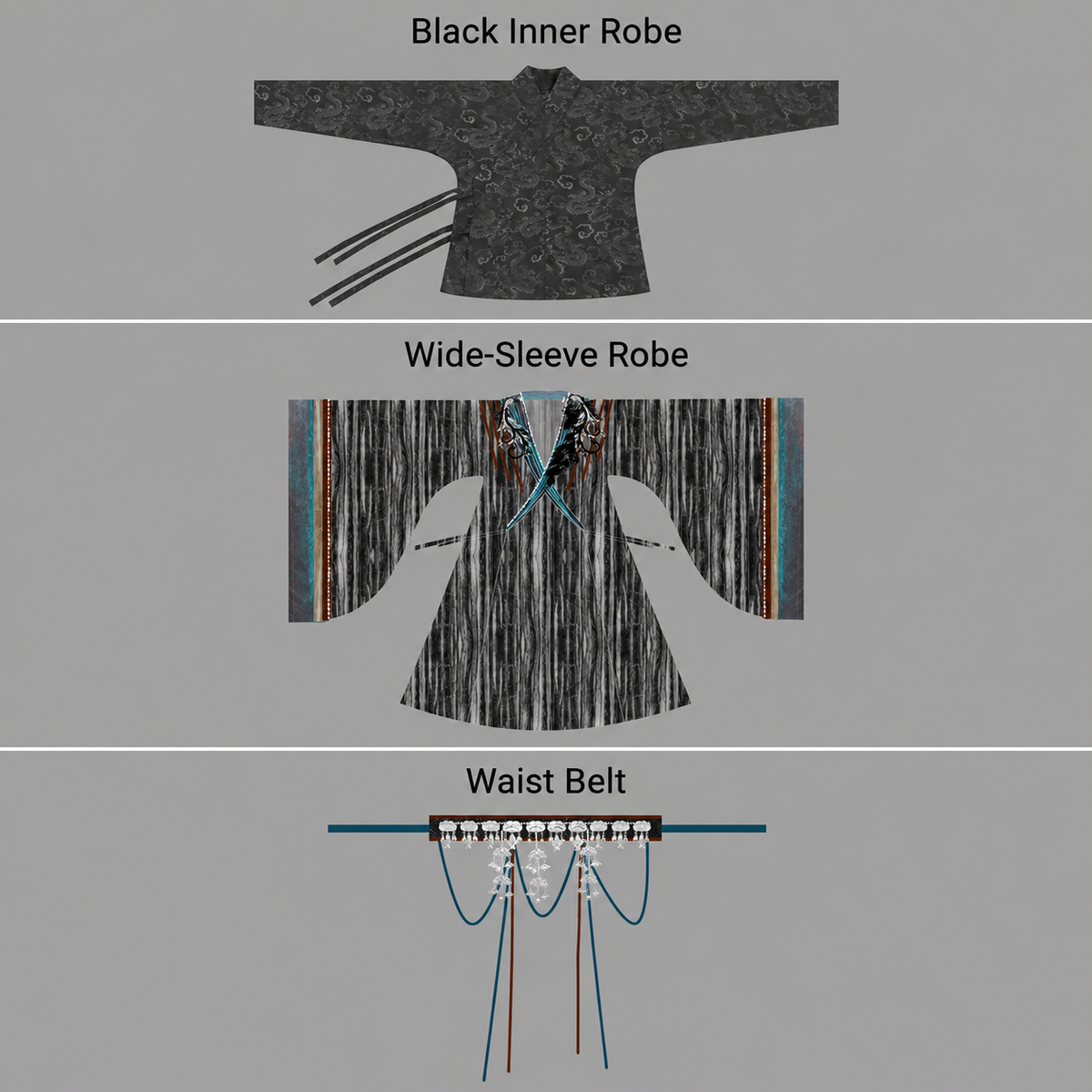 Component guide: black inner robe, wide-sleeve robe and decorated waist belt
