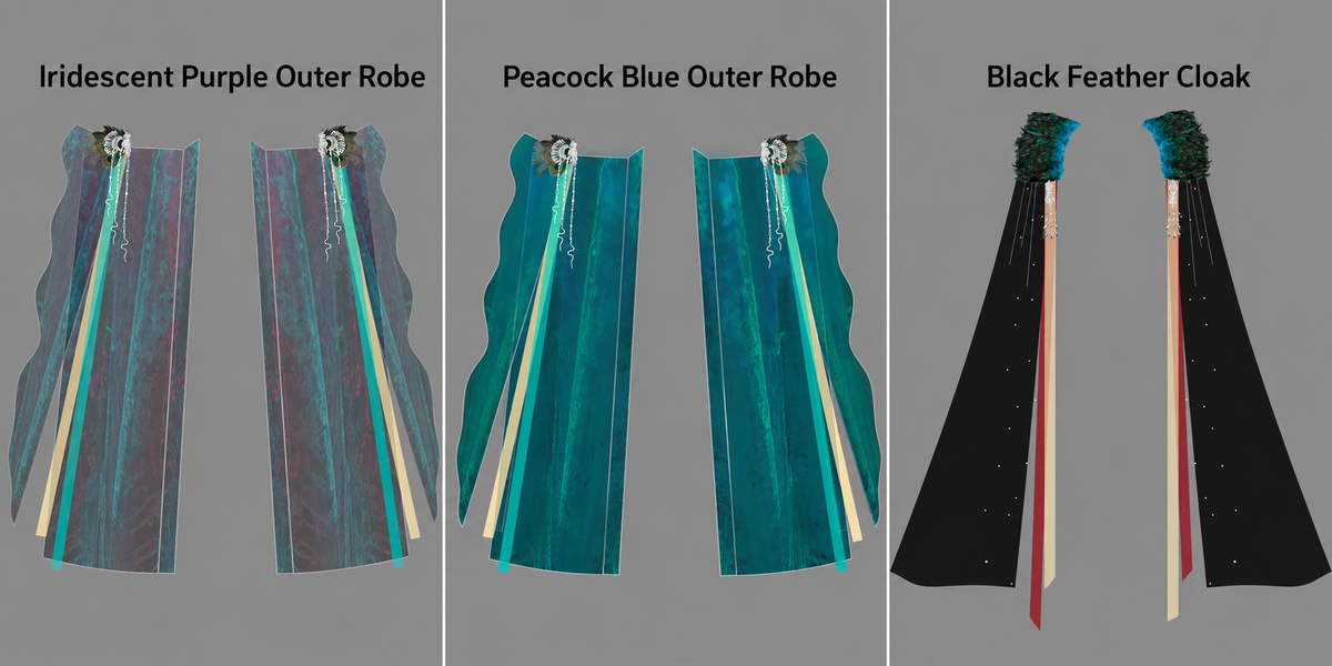 Option guide: iridescent purple outer robe, peacock blue outer robe and black feather cloak
