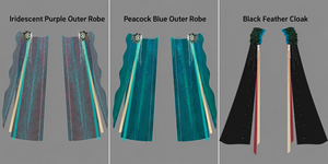 Option guide: iridescent purple outer robe, peacock blue outer robe and black feather cloak