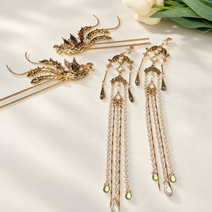 Phoenix feather hairpin with clear crystal accents