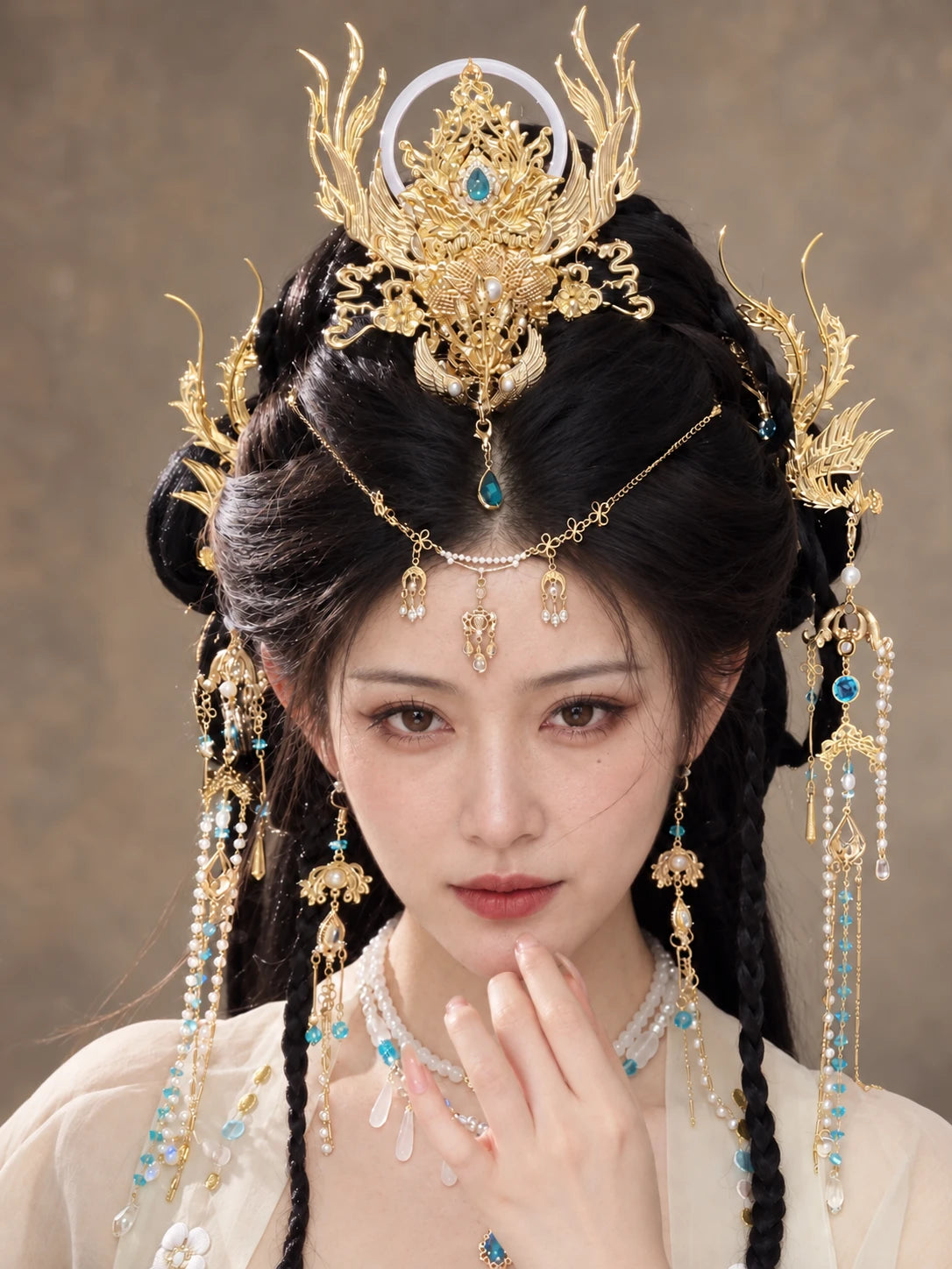 Xianyu phoenix crown with blue accents in a styled updo