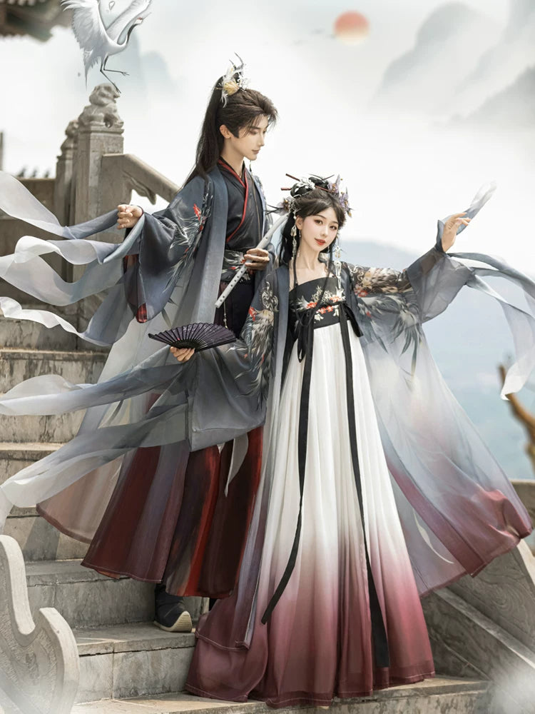 Xuanniao matching Hanfu outfits with gray wide sleeves and white-to-burgundy gradient layers