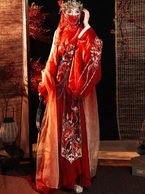 Red embroidered Warring States Hanfu robe trailing costume view