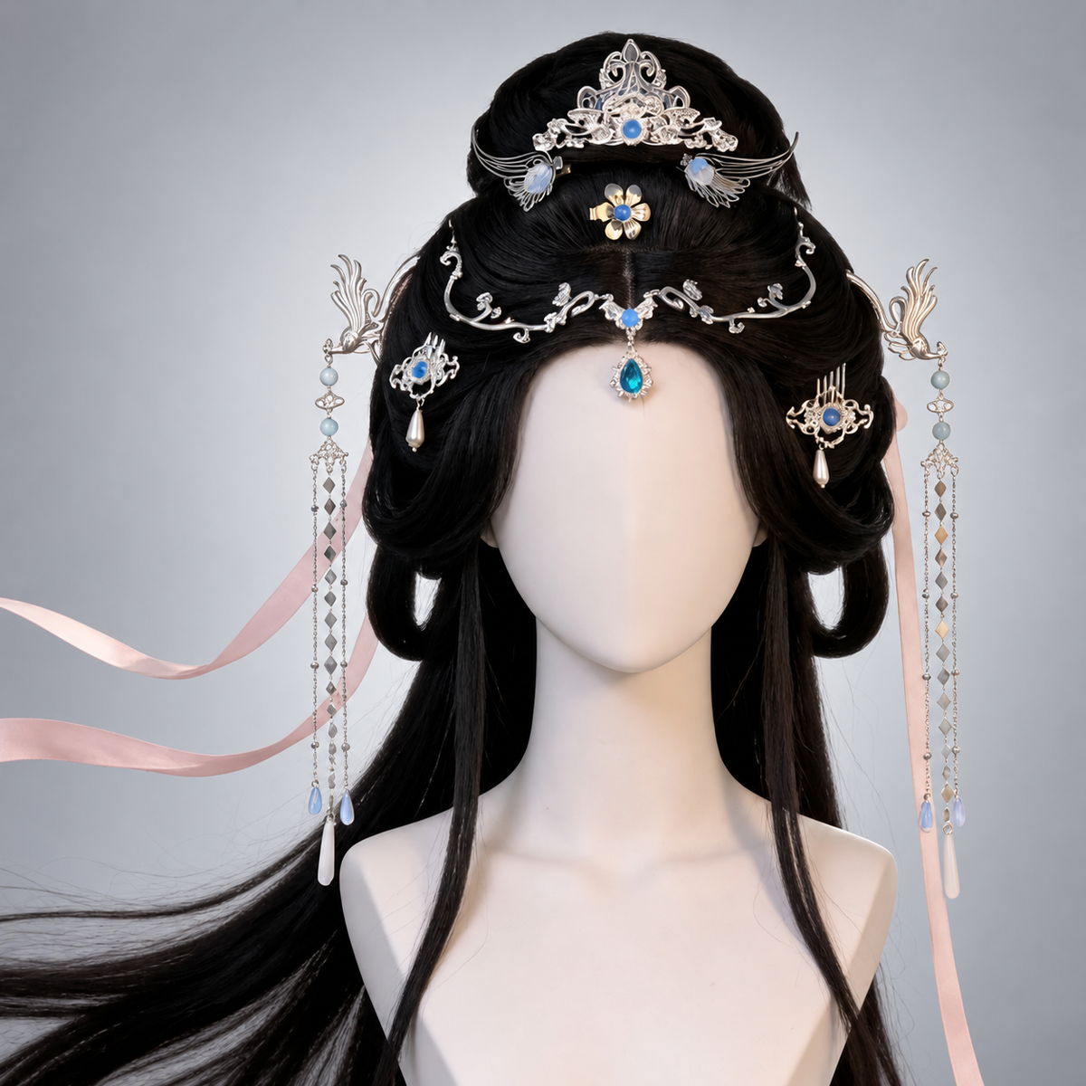 Yueling silver-tone hair accessory set with blue accents and white ribbons