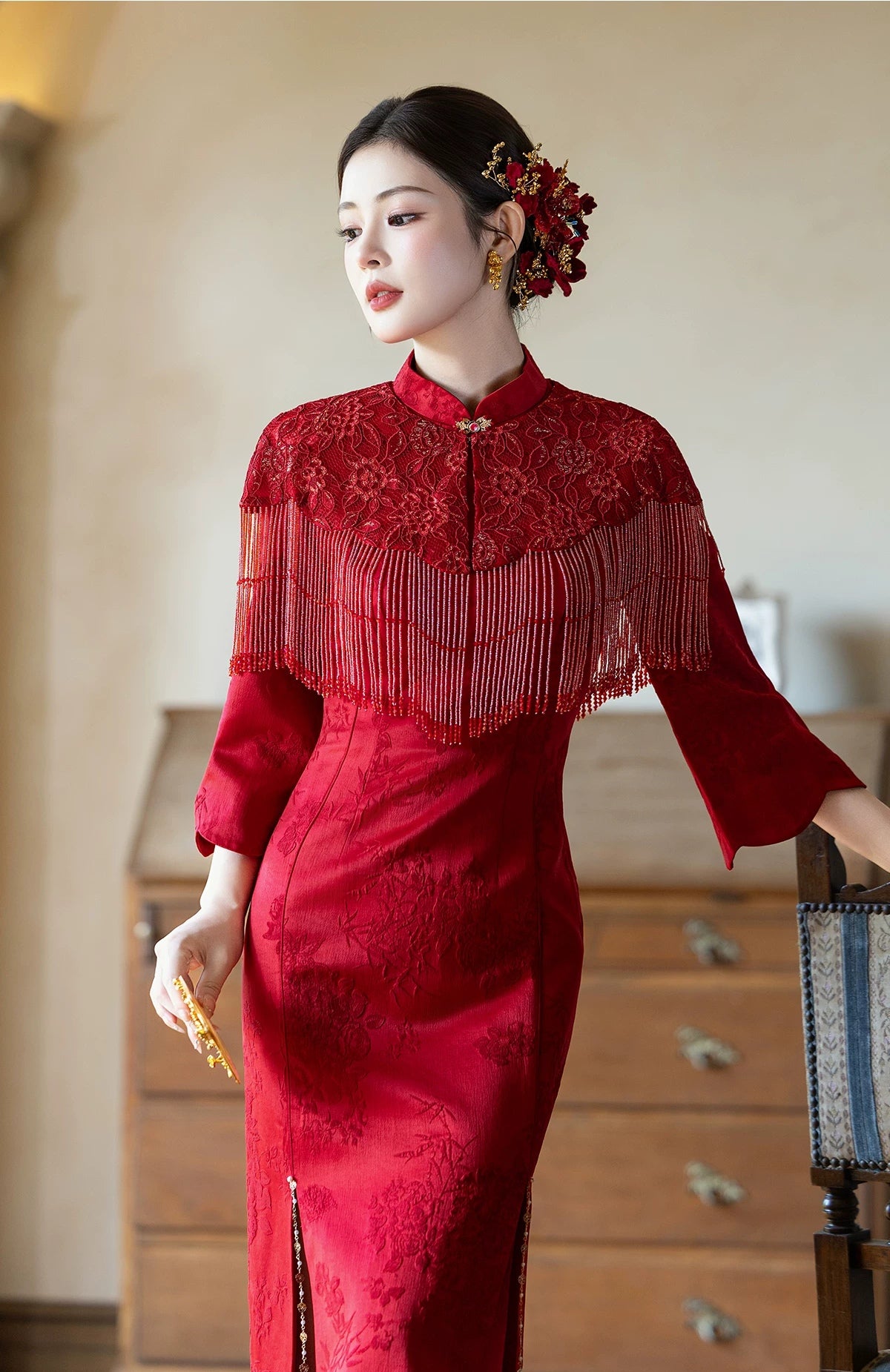 Yun Ying Red Bridal Cheongsam & Beaded Fringe Capelet — Three-quarter side view of the dress