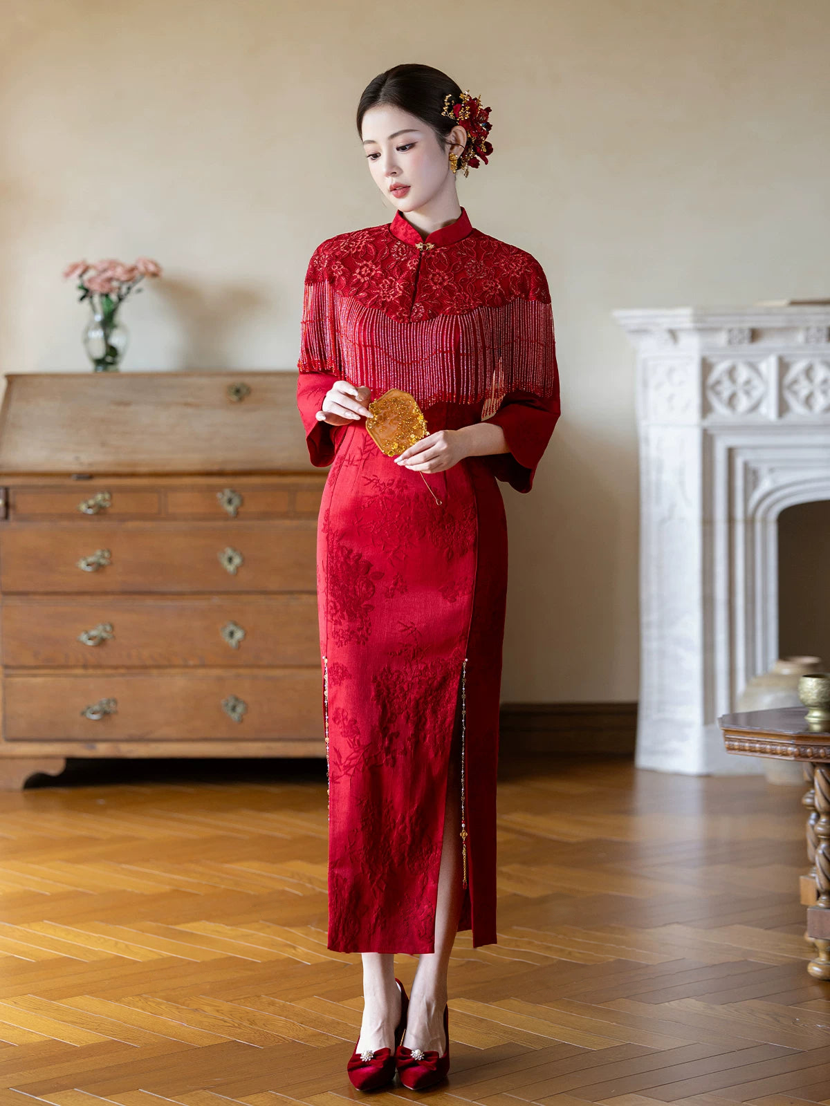 Yun Ying Red Bridal Cheongsam & Beaded Fringe Capelet on the original model