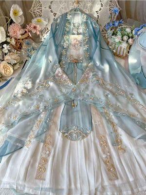 Discover blue traditional hanfu for women with elegant hanfu sleeves, intricate hanfu patterns, and layered designs. Perfect as a princess hanfu dress, fairy hanfu dress, or sexy hanfu, it’s ideal for hanfu cosplay, hanfu dance style, or casual wear. Shop plus size hanfu, hanfu skirts, and more at our trusted hanfu shop, featuring hanfu for sale from top chinese clothing brands and the best Chinese designer clothing websites.