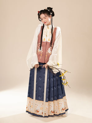 Ming Dynasty | An imperial Chinese scholar official robed in elaborately decorated royal Ming dynasty Hanfu with rich embroidered patterns and angular motifs, wearing a traditional mandarin hat topped with a large red tassel, representing traditional East Asian court clothing during the height of imperial China