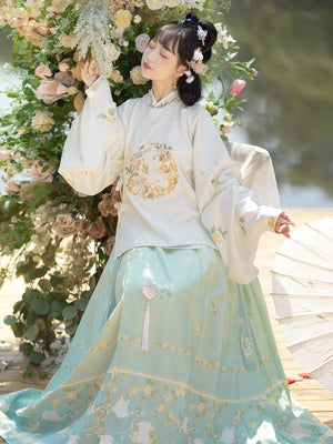 An imperial Chinese scholar official robed in elaborately decorated royal Ming dynasty Hanfu with rich embroidered patterns and angular motifs, wearing a traditional mandarin hat topped with a large red tassel, representing traditional East Asian court clothing during the height of imperial China