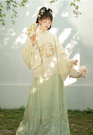 An imperial Chinese scholar official robed in elaborately decorated royal Ming dynasty Hanfu with rich embroidered patterns and angular motifs, wearing a traditional mandarin hat topped with a large red tassel, representing traditional East Asian court clothing during the height of imperial China_hanfu_china