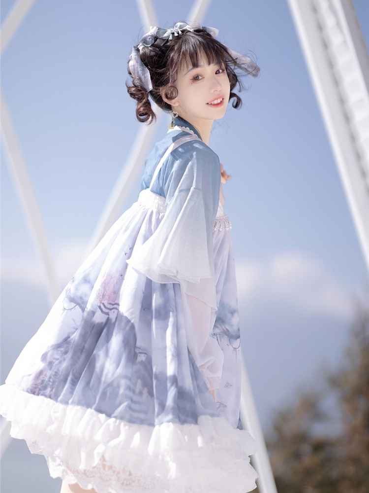 Blue Modern Hanfu meets Lolita fashion in this stunning ensemble. The dress features a blue floral print on a flowy, A-line silhouette with a cinched waist and puffy sleeves. The dress is paired with a matching headband and lace-up boots, creating a unique and playful look that combines traditional Hanfu elements with a modern Lolita twist.