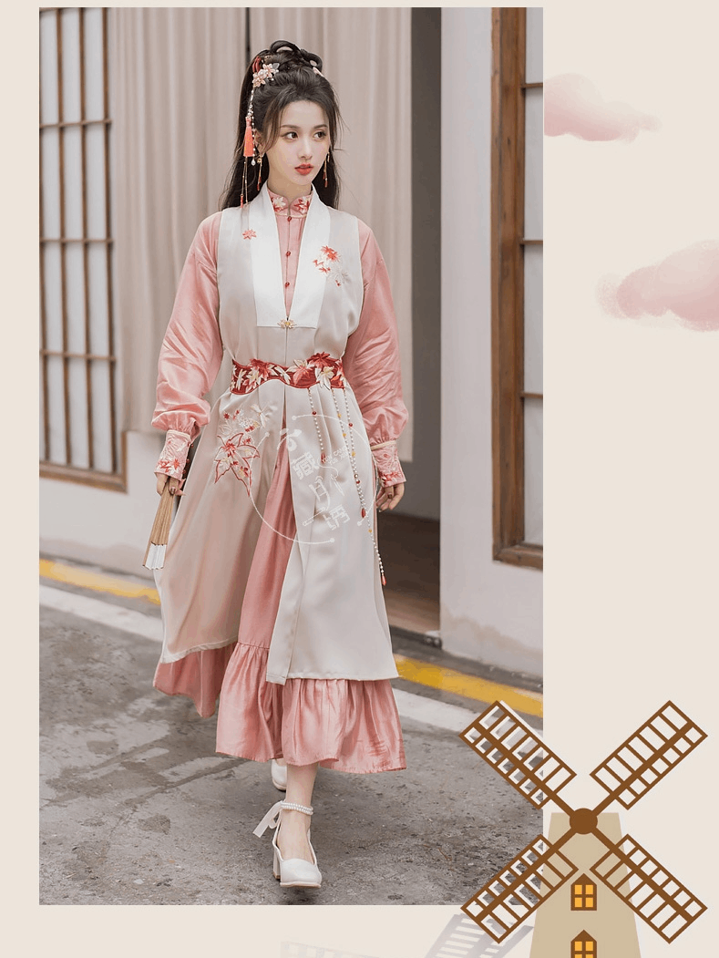 Pink modern Hanfu dress featuring a stylish and elegant design with intricate embroidery and traditional Chinese accents. Perfect for special events or cultural celebrations. Exudes sophistication and femininity in a contemporary take on traditional Hanfu attire.