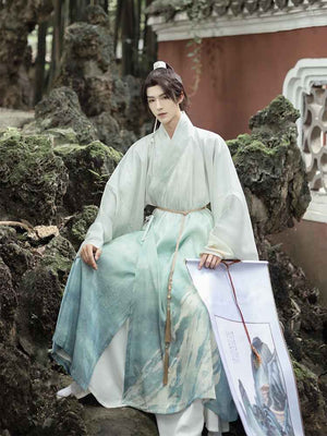White Hanfu men's Hanfu, from traditional Chinese menswear to modern from Tang Dynasty traditional attire to Ming and Song Dynasty inspired Hanfu. Items such as scholar official Hanfu hats, Chinese court official attire, and royal traditional dress are prominently featured. This display also offers a glimpse into the evolution of Asian clothing, presenting pieces like casual Hanfu and Asian-inspired outfits.Hanfu patterns contributes to the journey through the history of male Chinese and Asian fashion